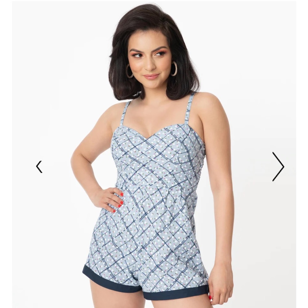NWT ~ Unique Vintage Blue Plaid & Floral Print Ossining Romper